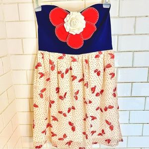 🍓Judith March Mini Dress Sweetheart strapless 3-D flower Blue Red Cream Medium